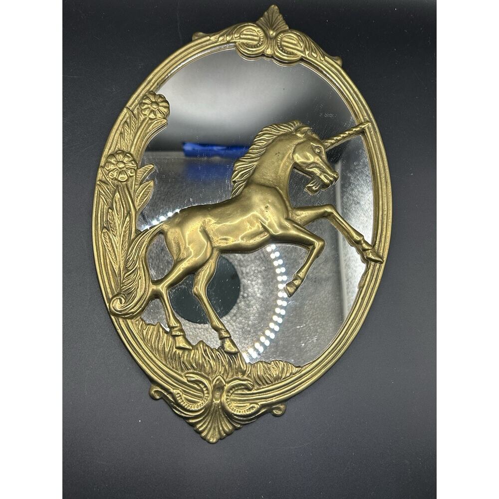 Vintage MidCentury Solid Brass Unicorn Accent Wall Mirror With Floral Design